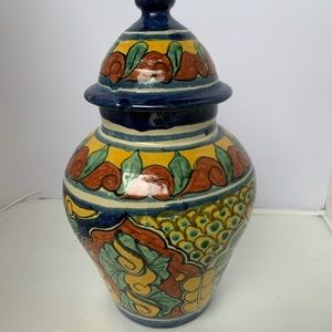 Talavera Amora Mexican Spanish Pottery Canister Kitchen Jar Lid Vase Colorful